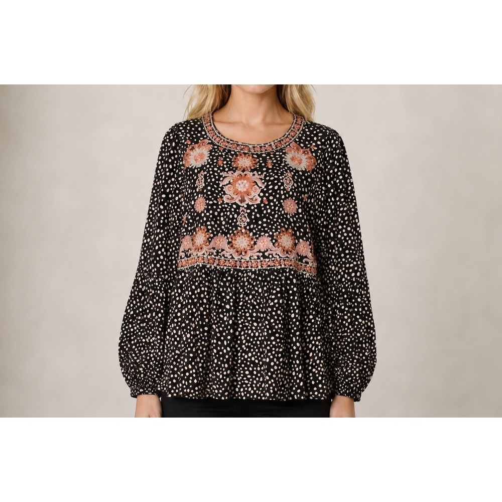 Savanna Jane Artisan Embroidered Whimsy Blouse Polka Dot Romantic Top Size Small